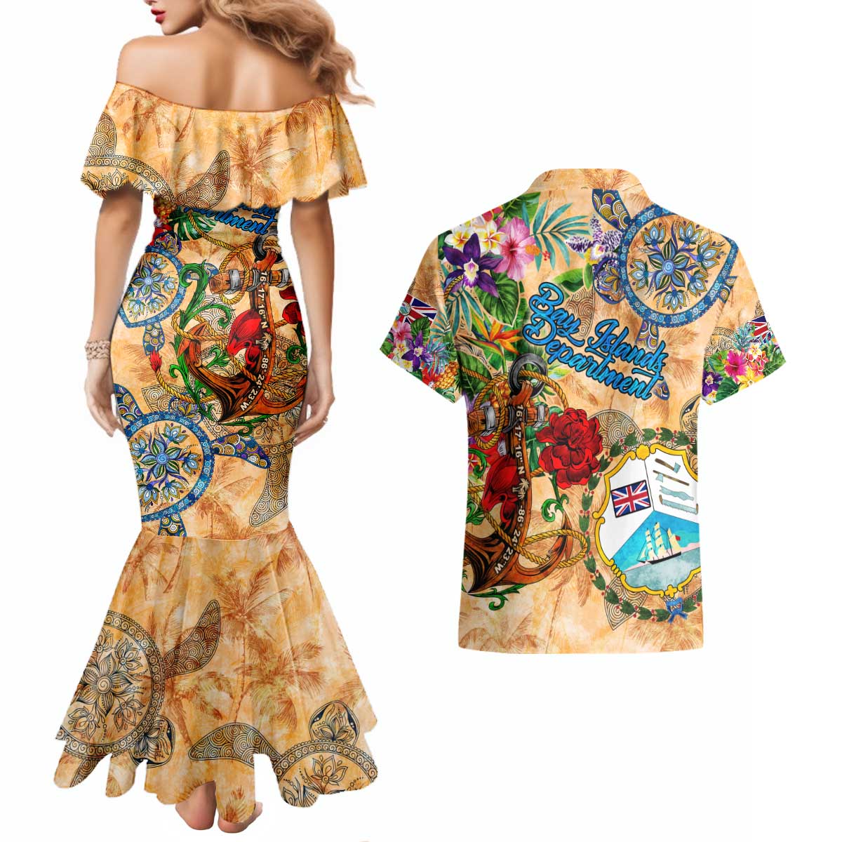 Bay Islands Department Couples Matching Mermaid Dress and Hawaiian Shirt Geographic Coordinate Anchor - Turlte Tropical