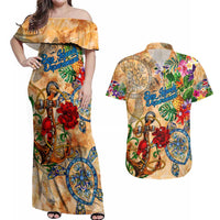 Bay Islands Department Couples Matching Off Shoulder Maxi Dress and Hawaiian Shirt Geographic Coordinate Anchor - Turlte Tropical