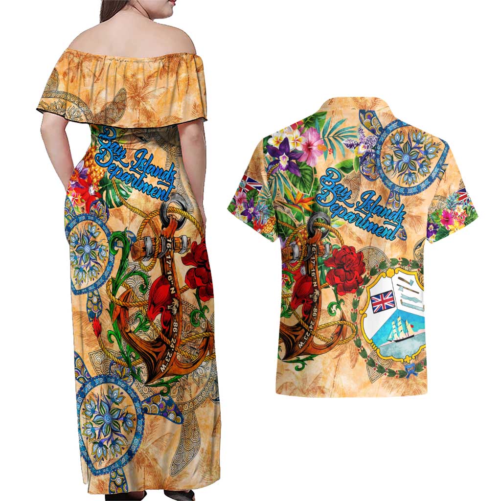 Bay Islands Department Couples Matching Off Shoulder Maxi Dress and Hawaiian Shirt Geographic Coordinate Anchor - Turlte Tropical