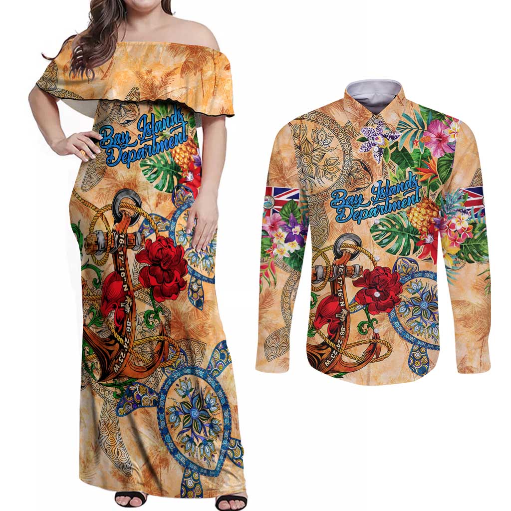 Bay Islands Department Couples Matching Off Shoulder Maxi Dress and Long Sleeve Button Shirt Geographic Coordinate Anchor - Turlte Tropical