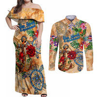 Bay Islands Department Couples Matching Off Shoulder Maxi Dress and Long Sleeve Button Shirt Geographic Coordinate Anchor - Turlte Tropical