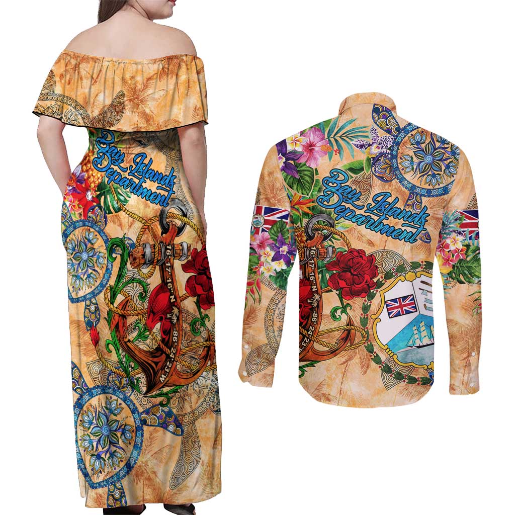 Bay Islands Department Couples Matching Off Shoulder Maxi Dress and Long Sleeve Button Shirt Geographic Coordinate Anchor - Turlte Tropical