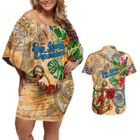Bay Islands Department Couples Matching Off Shoulder Short Dress and Hawaiian Shirt Geographic Coordinate Anchor - Turlte Tropical