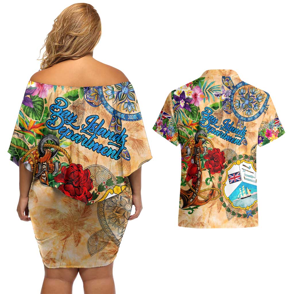 Bay Islands Department Couples Matching Off Shoulder Short Dress and Hawaiian Shirt Geographic Coordinate Anchor - Turlte Tropical
