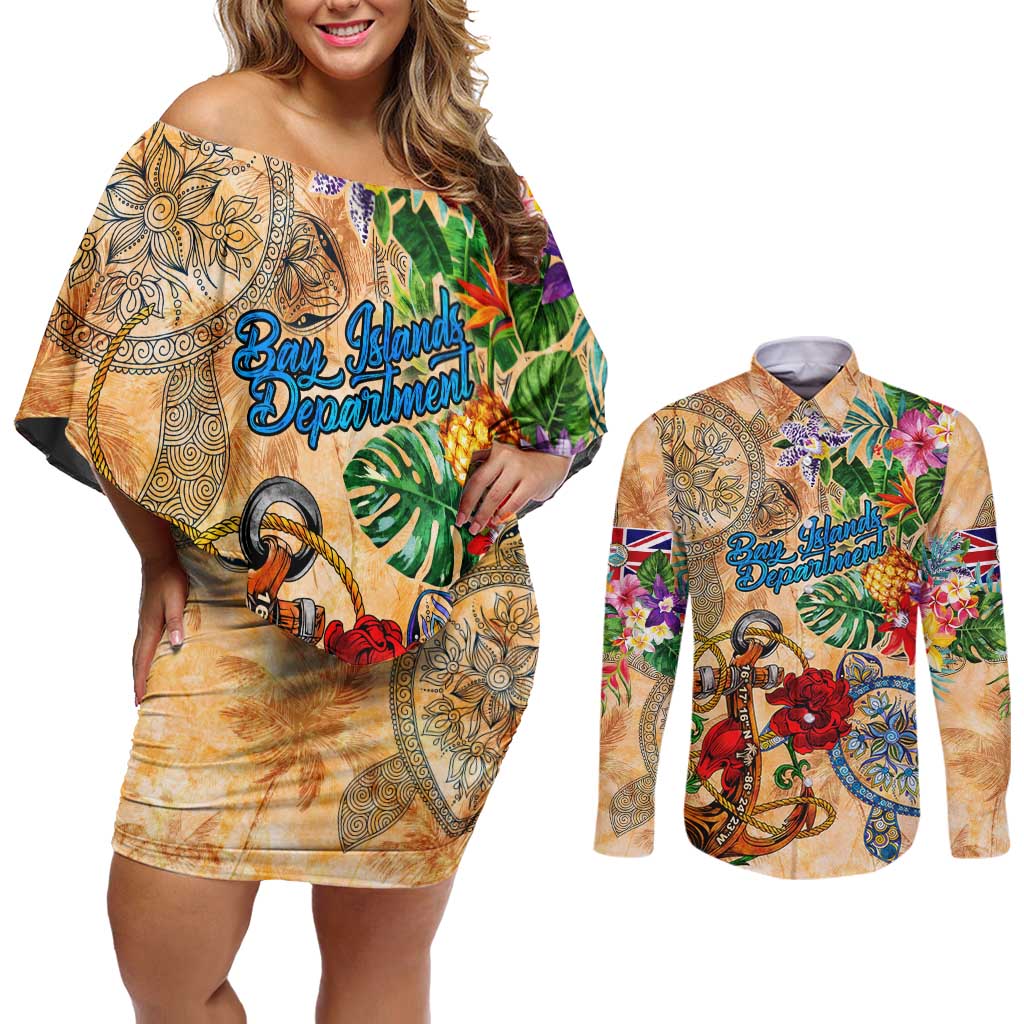 Bay Islands Department Couples Matching Off Shoulder Short Dress and Long Sleeve Button Shirt Geographic Coordinate Anchor - Turlte Tropical