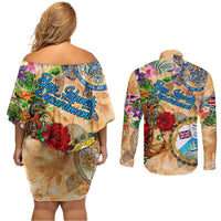 Bay Islands Department Couples Matching Off Shoulder Short Dress and Long Sleeve Button Shirt Geographic Coordinate Anchor - Turlte Tropical