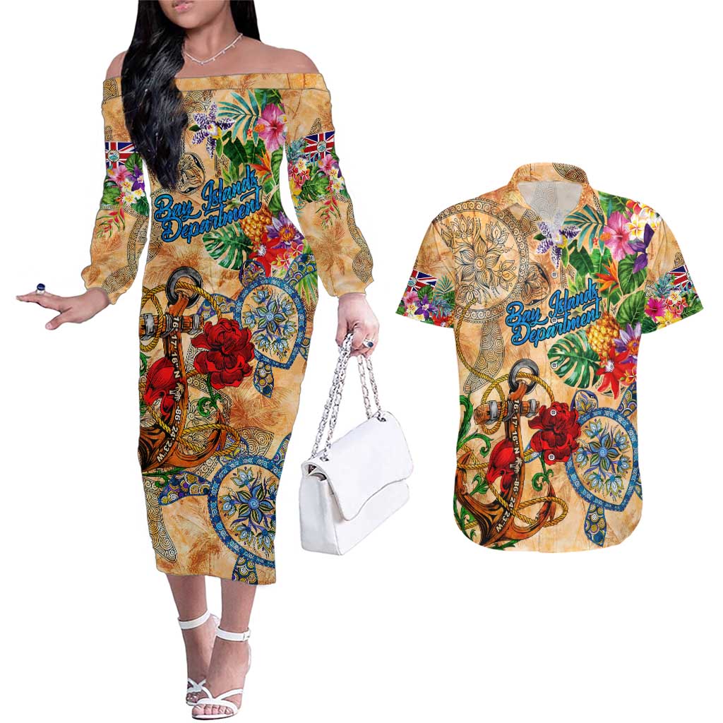 Bay Islands Department Couples Matching Off The Shoulder Long Sleeve Dress and Hawaiian Shirt Geographic Coordinate Anchor - Turlte Tropical
