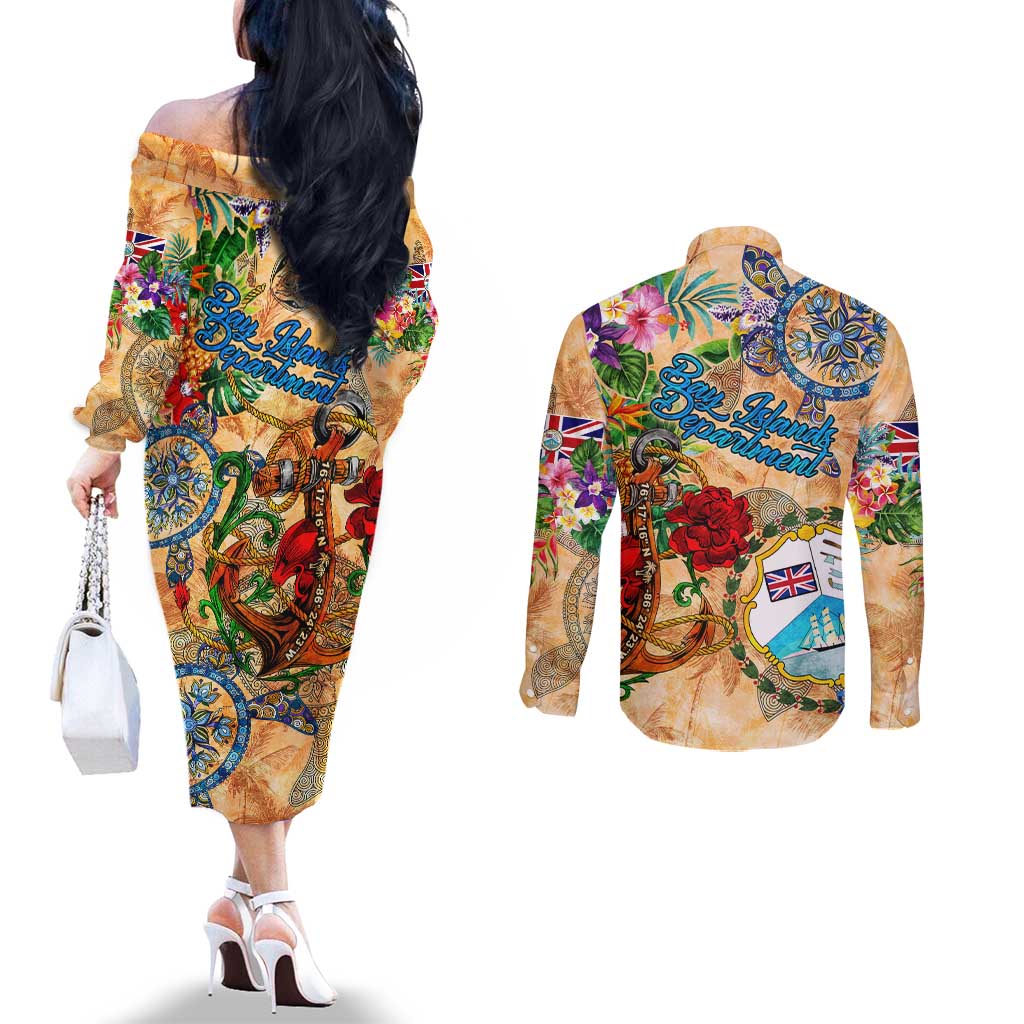 Bay Islands Department Couples Matching Off The Shoulder Long Sleeve Dress and Long Sleeve Button Shirt Geographic Coordinate Anchor - Turlte Tropical