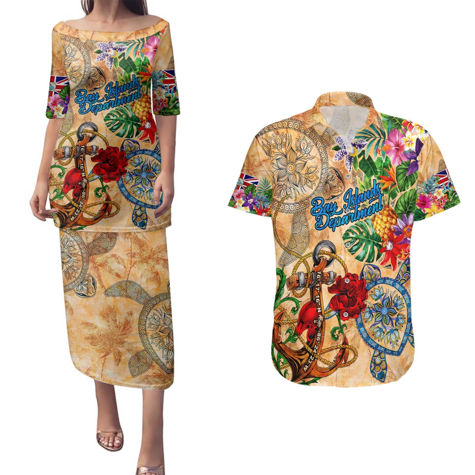 Bay Islands Department Couples Matching Puletasi and Hawaiian Shirt Geographic Coordinate Anchor - Turlte Tropical