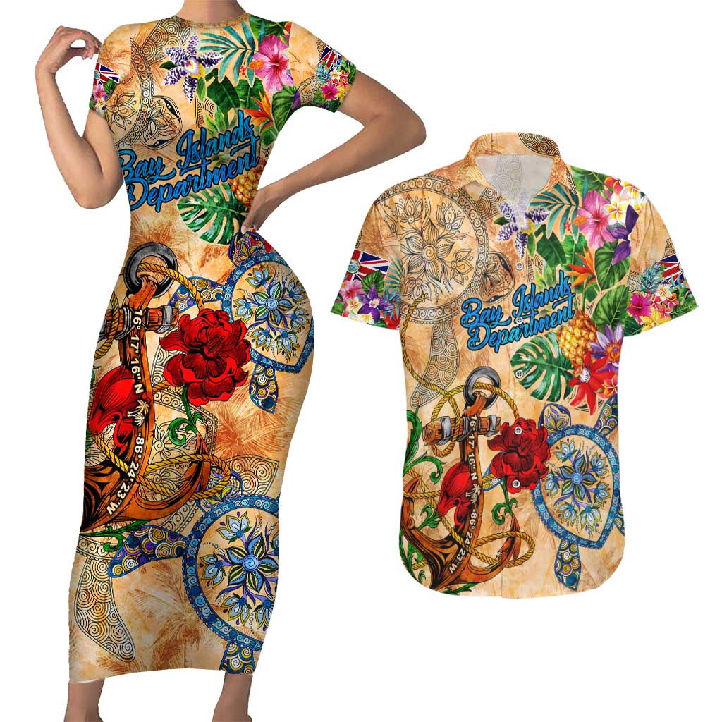 Bay Islands Department Couples Matching Short Sleeve Bodycon Dress and Hawaiian Shirt Geographic Coordinate Anchor - Turlte Tropical