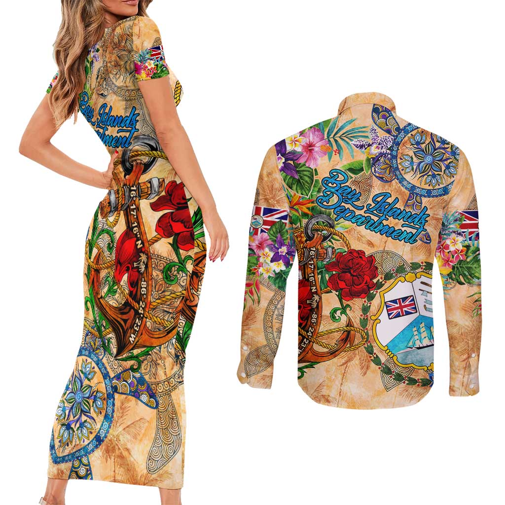 Bay Islands Department Couples Matching Short Sleeve Bodycon Dress and Long Sleeve Button Shirt Geographic Coordinate Anchor - Turlte Tropical