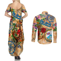 Bay Islands Department Couples Matching Summer Maxi Dress and Long Sleeve Button Shirt Geographic Coordinate Anchor - Turlte Tropical