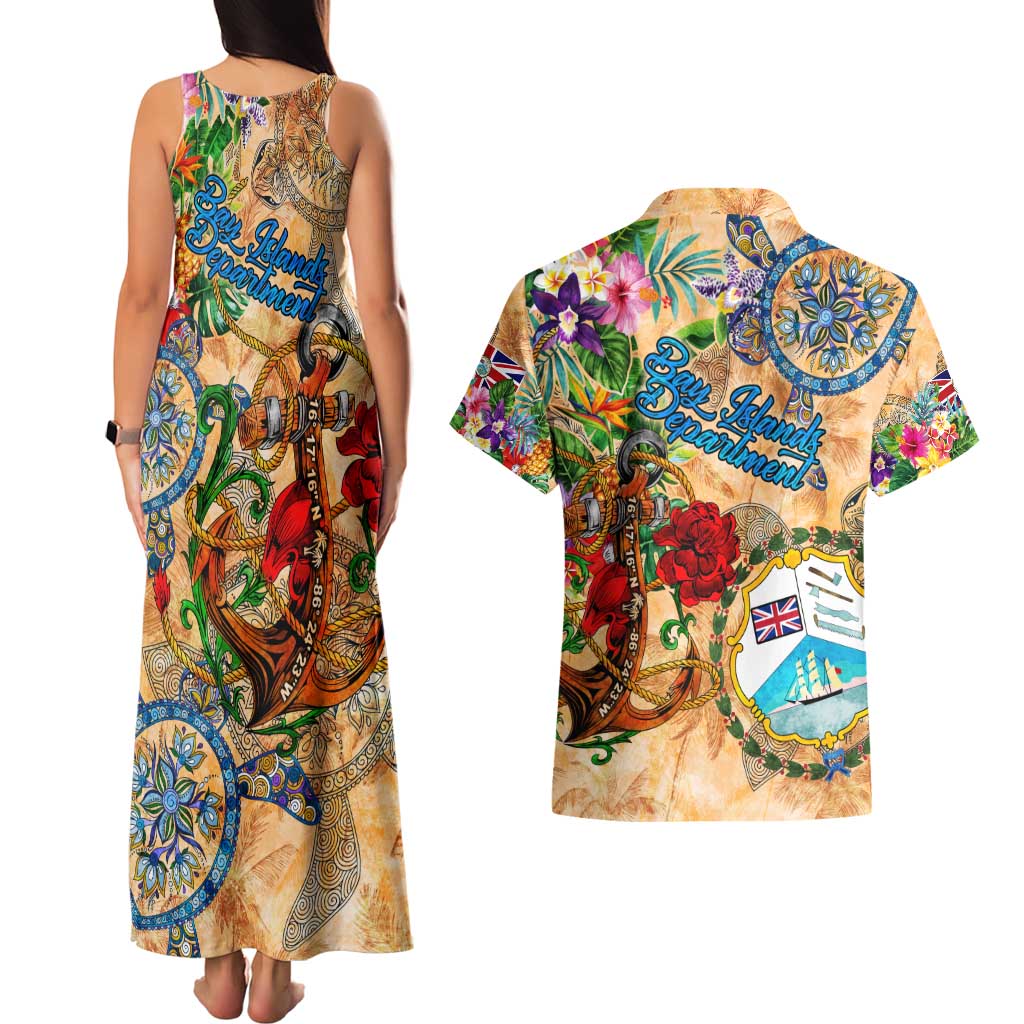 Bay Islands Department Couples Matching Tank Maxi Dress and Hawaiian Shirt Geographic Coordinate Anchor - Turlte Tropical