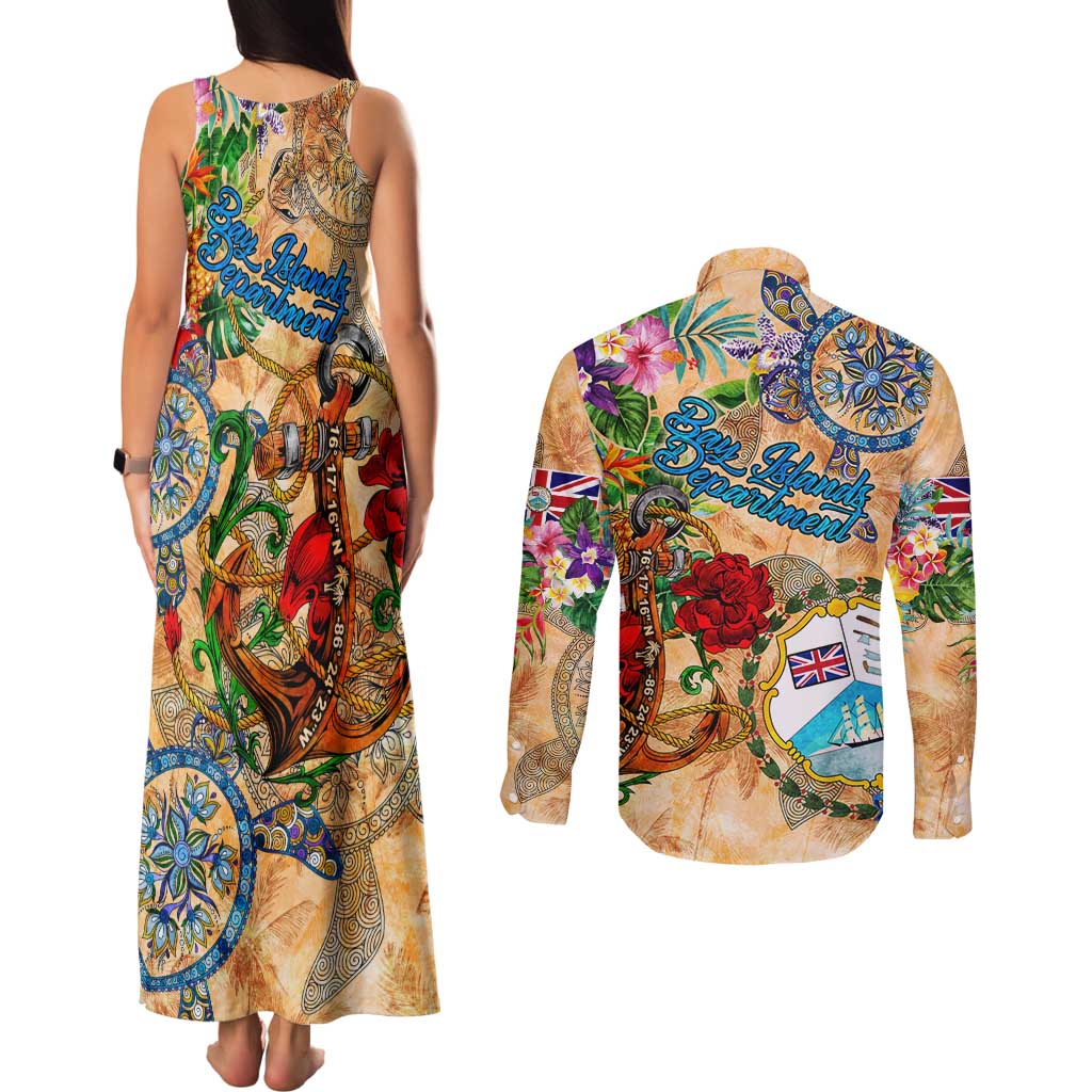 Bay Islands Department Couples Matching Tank Maxi Dress and Long Sleeve Button Shirt Geographic Coordinate Anchor - Turlte Tropical