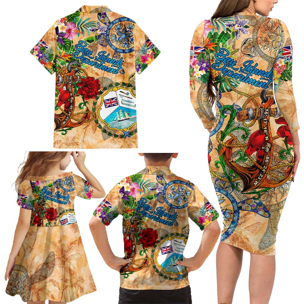 Bay Islands Department Family Matching Long Sleeve Bodycon Dress and Hawaiian Shirt Geographic Coordinate Anchor - Turlte Tropical