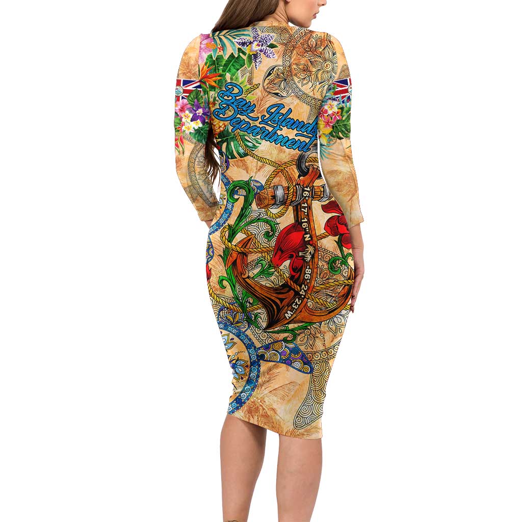 Bay Islands Department Family Matching Long Sleeve Bodycon Dress and Hawaiian Shirt Geographic Coordinate Anchor - Turlte Tropical