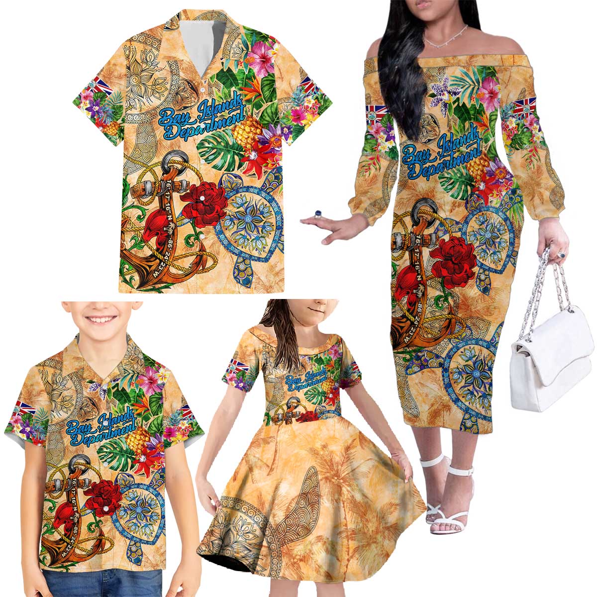 Bay Islands Department Family Matching Off The Shoulder Long Sleeve Dress and Hawaiian Shirt Geographic Coordinate Anchor - Turlte Tropical