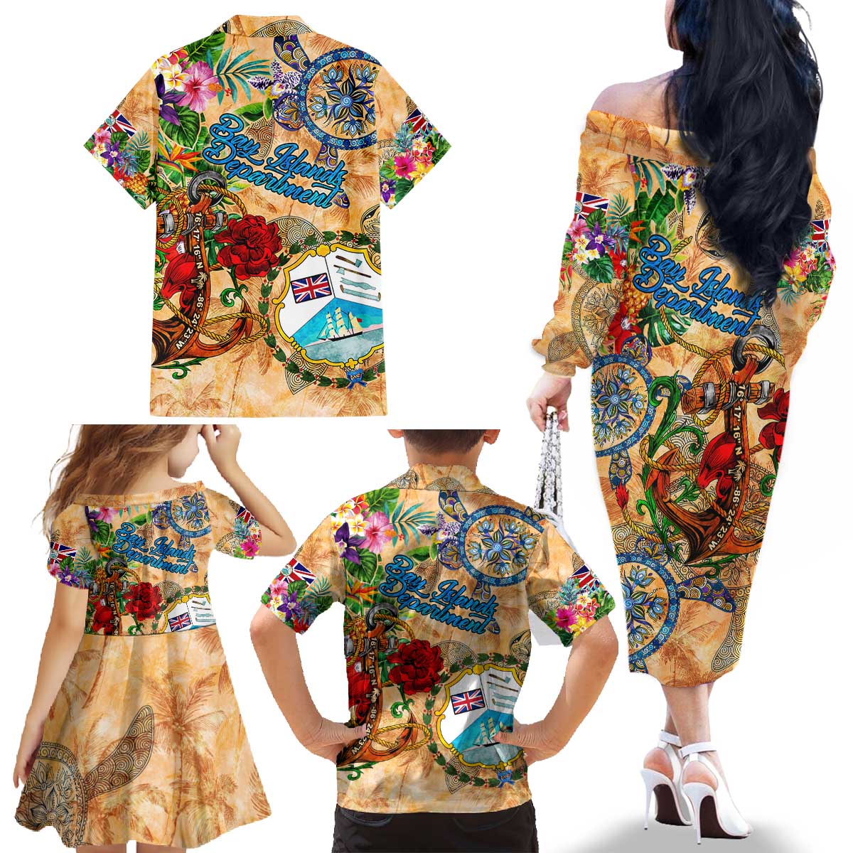 Bay Islands Department Family Matching Off The Shoulder Long Sleeve Dress and Hawaiian Shirt Geographic Coordinate Anchor - Turlte Tropical