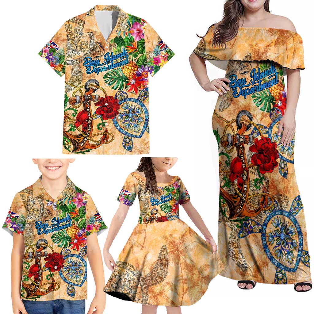 Bay Islands Department Family Matching Off Shoulder Maxi Dress and Hawaiian Shirt Geographic Coordinate Anchor - Turlte Tropical
