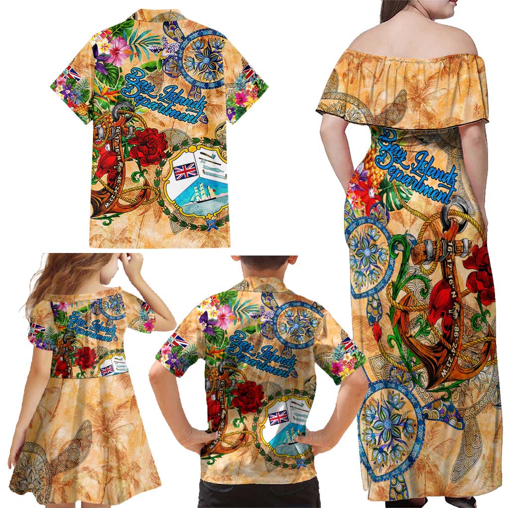 Bay Islands Department Family Matching Off Shoulder Maxi Dress and Hawaiian Shirt Geographic Coordinate Anchor - Turlte Tropical
