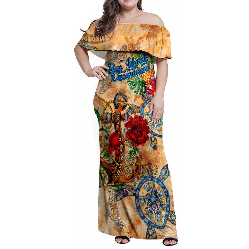 Bay Islands Department Family Matching Off Shoulder Maxi Dress and Hawaiian Shirt Geographic Coordinate Anchor - Turlte Tropical