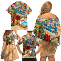 Bay Islands Department Family Matching Off Shoulder Short Dress and Hawaiian Shirt Geographic Coordinate Anchor - Turlte Tropical