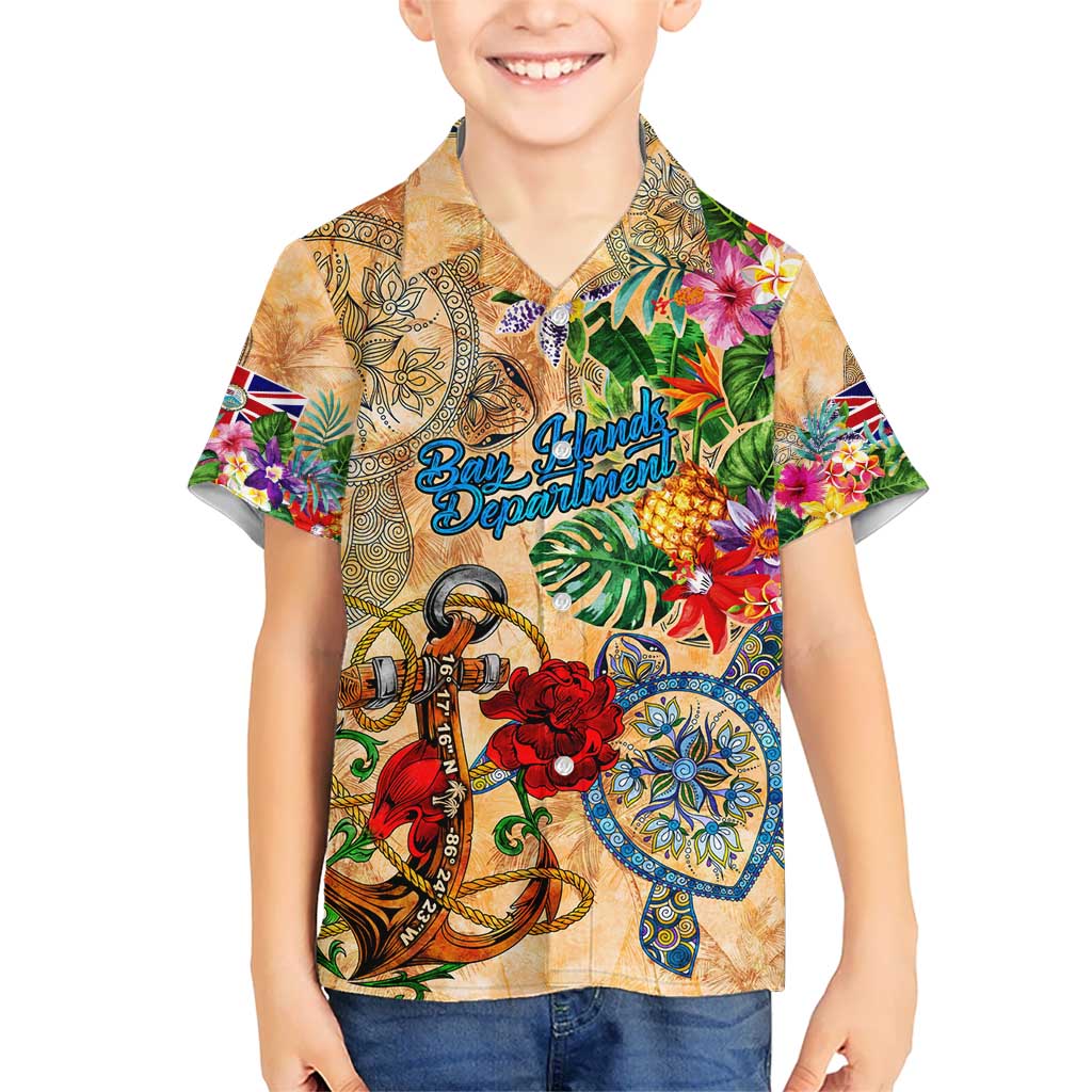Bay Islands Department Kid Hawaiian Shirt Geographic Coordinate Anchor - Turlte Tropical