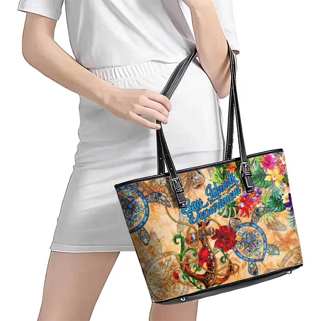 Bay Islands Department Leather Tote Bag Geographic Coordinate Anchor - Turlte Tropical
