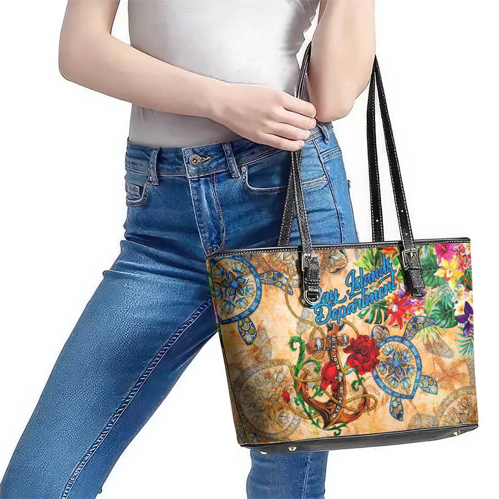 Bay Islands Department Leather Tote Bag Geographic Coordinate Anchor - Turlte Tropical