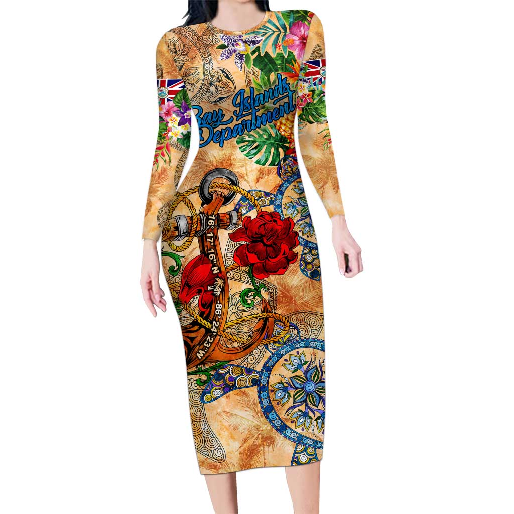Bay Islands Department Long Sleeve Bodycon Dress Geographic Coordinate Anchor - Turlte Tropical