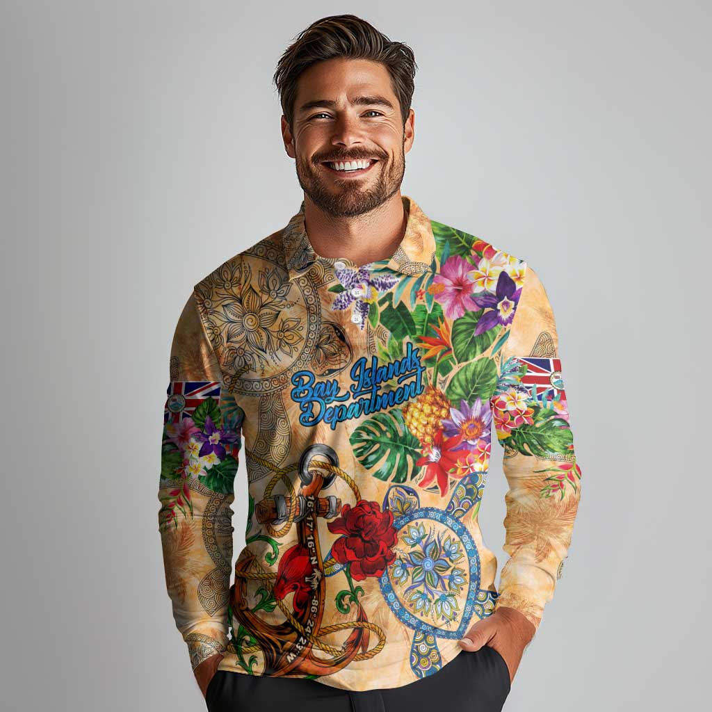 Bay Islands Department Long Sleeve Polo Shirt Geographic Coordinate Anchor - Turlte Tropical