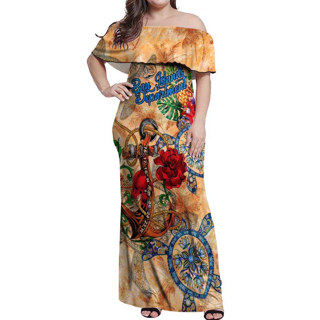Bay Islands Department Off Shoulder Maxi Dress Geographic Coordinate Anchor - Turlte Tropical