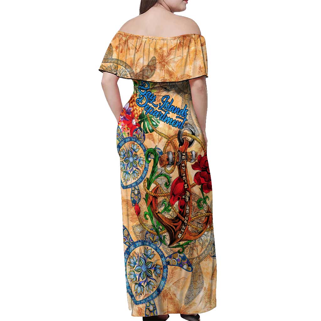 Bay Islands Department Off Shoulder Maxi Dress Geographic Coordinate Anchor - Turlte Tropical