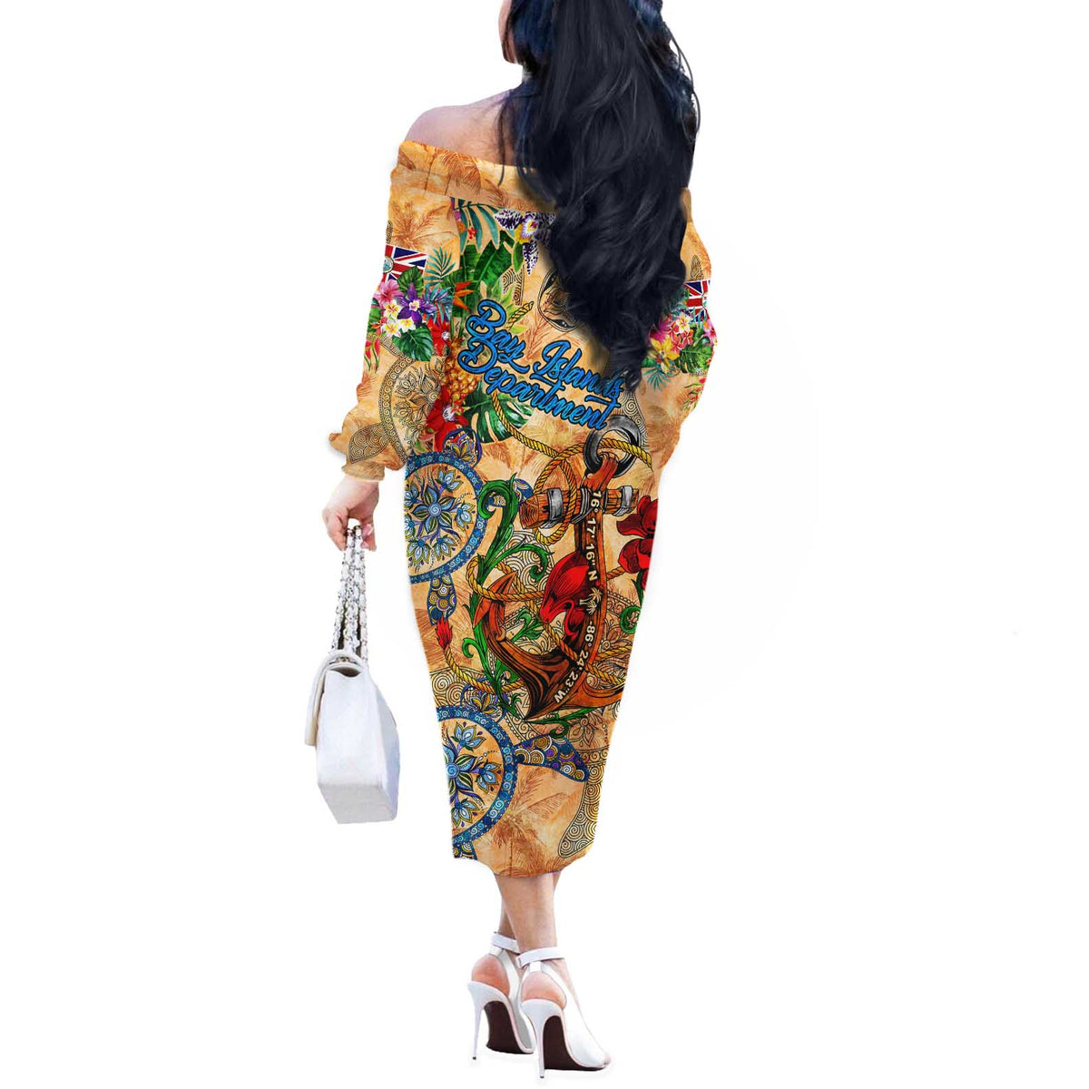 Bay Islands Department Off The Shoulder Long Sleeve Dress Geographic Coordinate Anchor - Turlte Tropical