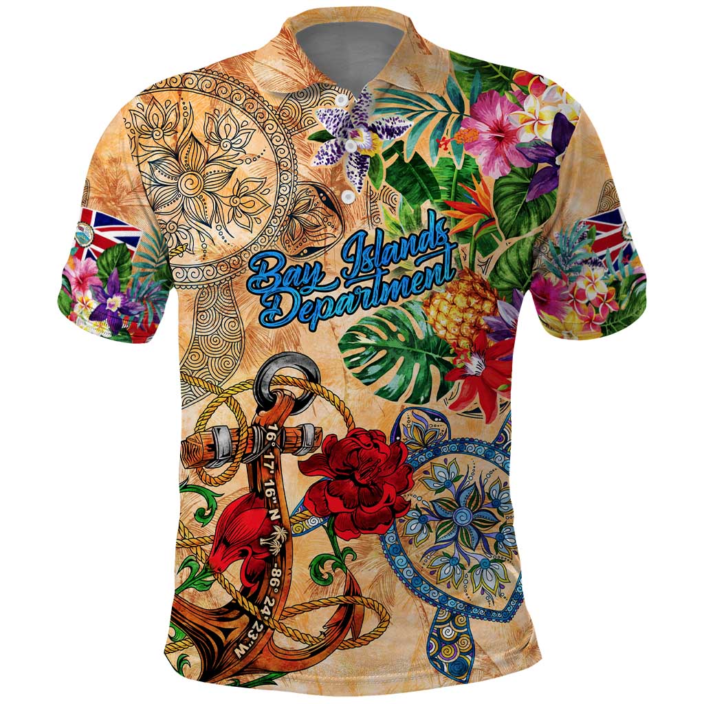 Bay Islands Department Polo Shirt Geographic Coordinate Anchor - Turlte Tropical