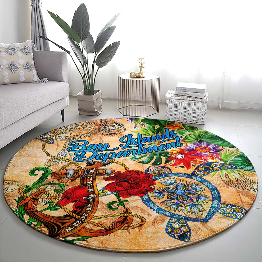 Bay Islands Department Round Carpet Geographic Coordinate Anchor - Turlte Tropical