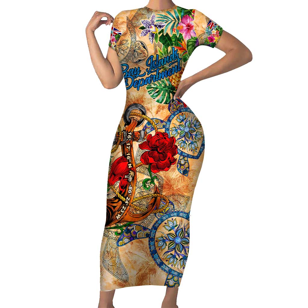 Bay Islands Department Short Sleeve Bodycon Dress Geographic Coordinate Anchor - Turlte Tropical