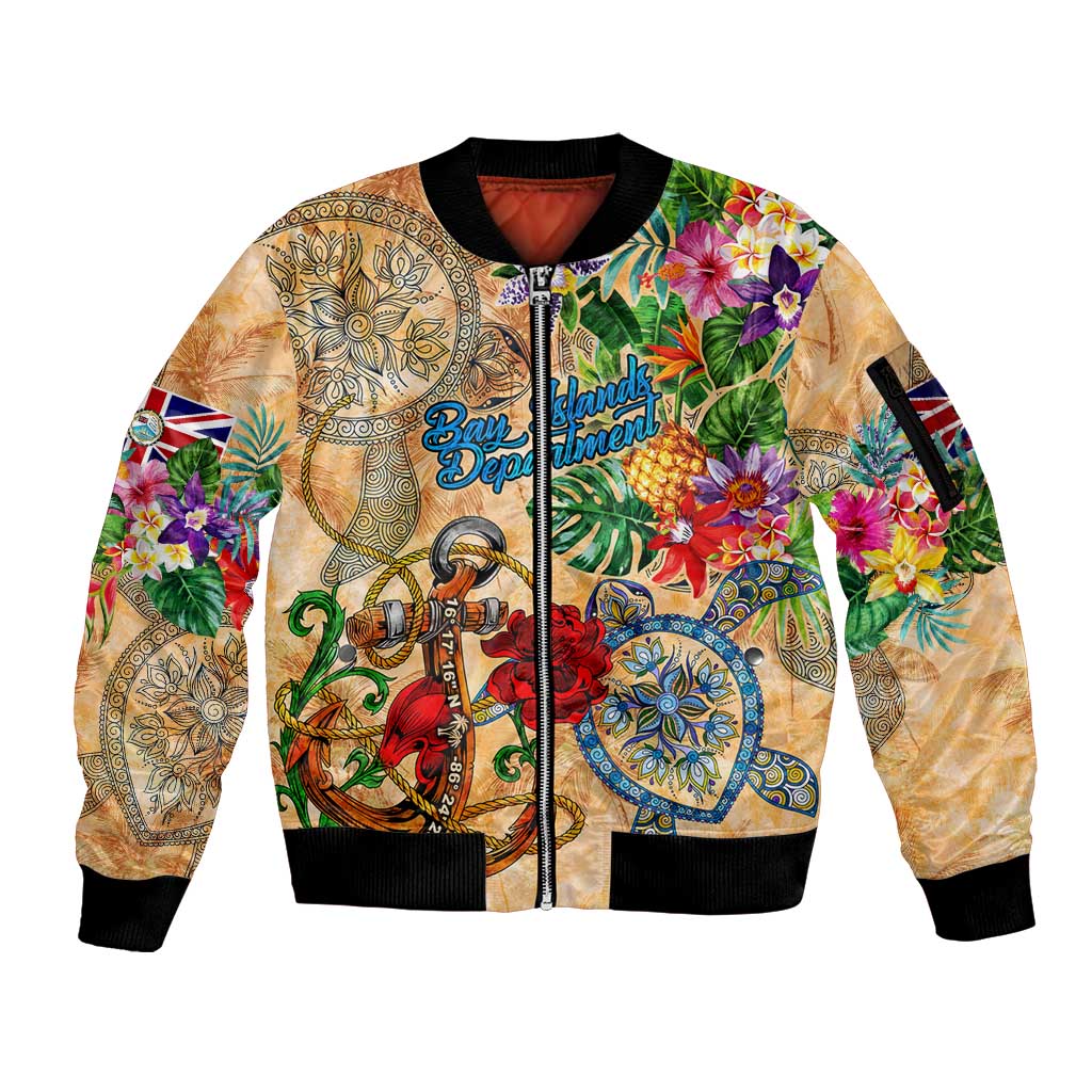 Bay Islands Department Sleeve Zip Bomber Jacket Geographic Coordinate Anchor - Turlte Tropical