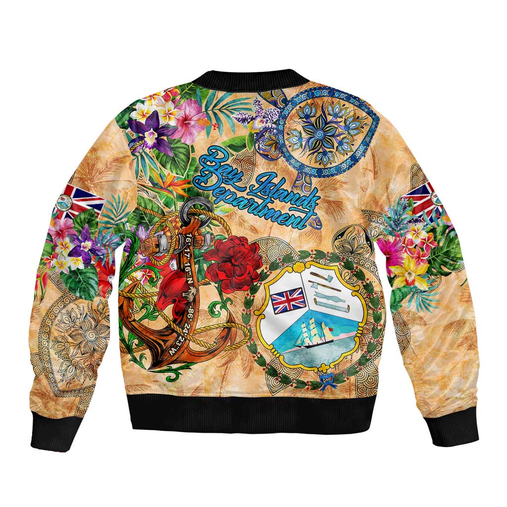 Bay Islands Department Sleeve Zip Bomber Jacket Geographic Coordinate Anchor - Turlte Tropical