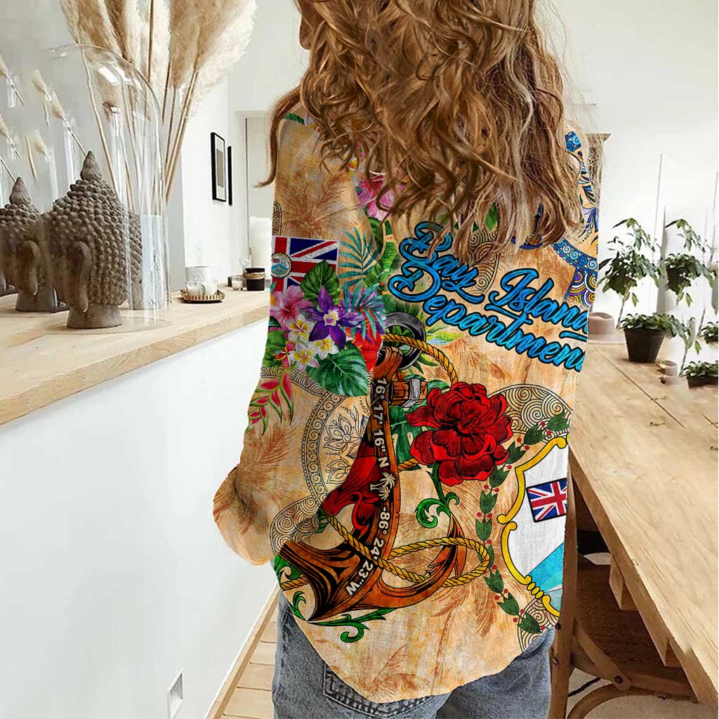 Bay Islands Department Women Casual Shirt Geographic Coordinate Anchor - Turlte Tropical