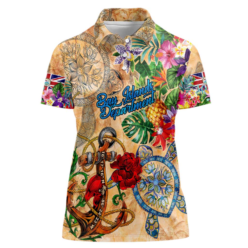 Bay Islands Department Women Polo Shirt Geographic Coordinate Anchor - Turlte Tropical