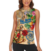 Bay Islands Department Women Sleeveless Polo Shirt Geographic Coordinate Anchor - Turlte Tropical