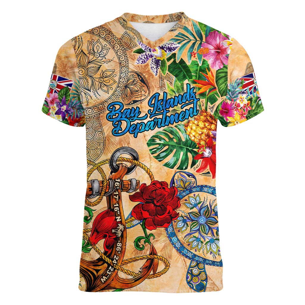 Bay Islands Department Women V-Neck T-Shirt Geographic Coordinate Anchor - Turlte Tropical