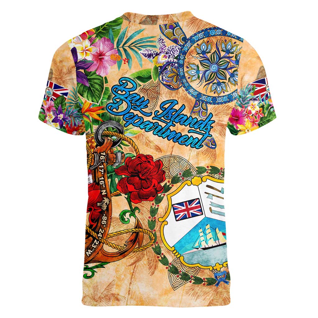 Bay Islands Department Women V-Neck T-Shirt Geographic Coordinate Anchor - Turlte Tropical