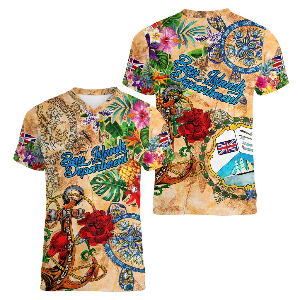 Bay Islands Department Women V-Neck T-Shirt Geographic Coordinate Anchor - Turlte Tropical