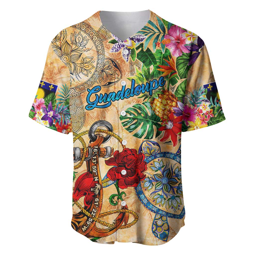 Guadeloupe Baseball Jersey Geographic Coordinate Anchor - Turlte Tropical