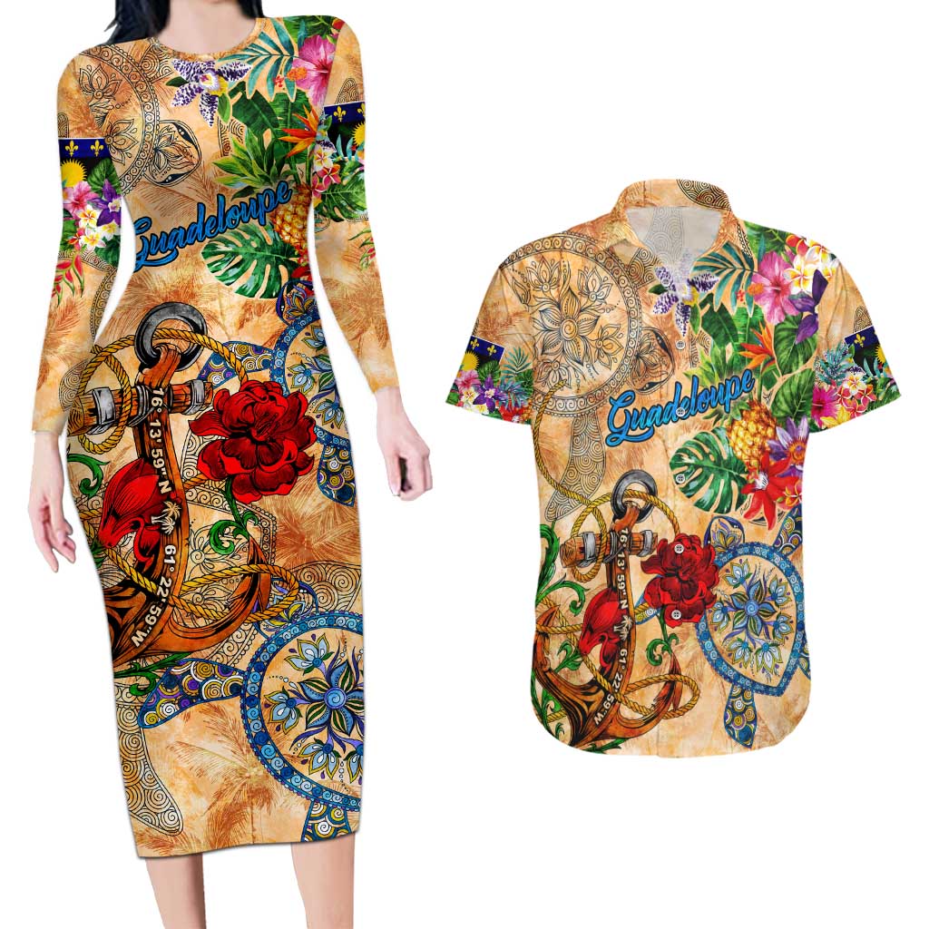 Guadeloupe Couples Matching Long Sleeve Bodycon Dress and Hawaiian Shirt Geographic Coordinate Anchor - Turlte Tropical