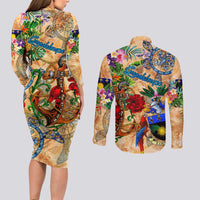 Guadeloupe Couples Matching Long Sleeve Bodycon Dress and Long Sleeve Button Shirt Geographic Coordinate Anchor - Turlte Tropical
