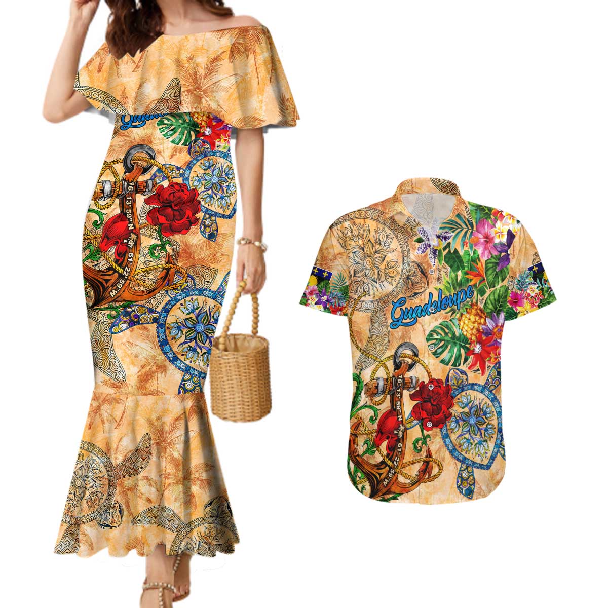 Guadeloupe Couples Matching Mermaid Dress and Hawaiian Shirt Geographic Coordinate Anchor - Turlte Tropical