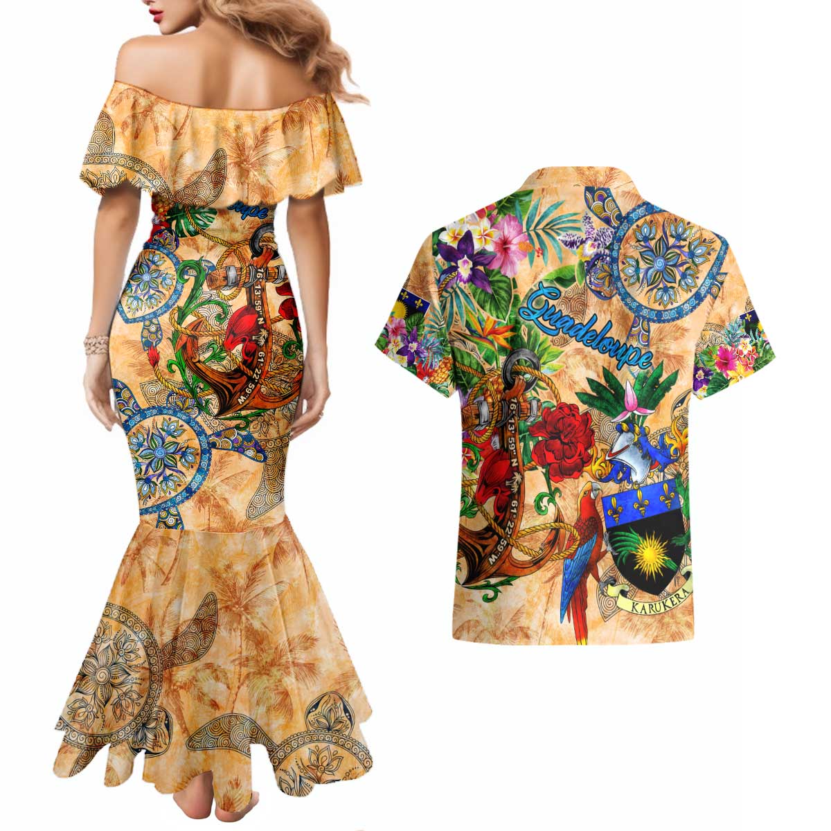 Guadeloupe Couples Matching Mermaid Dress and Hawaiian Shirt Geographic Coordinate Anchor - Turlte Tropical